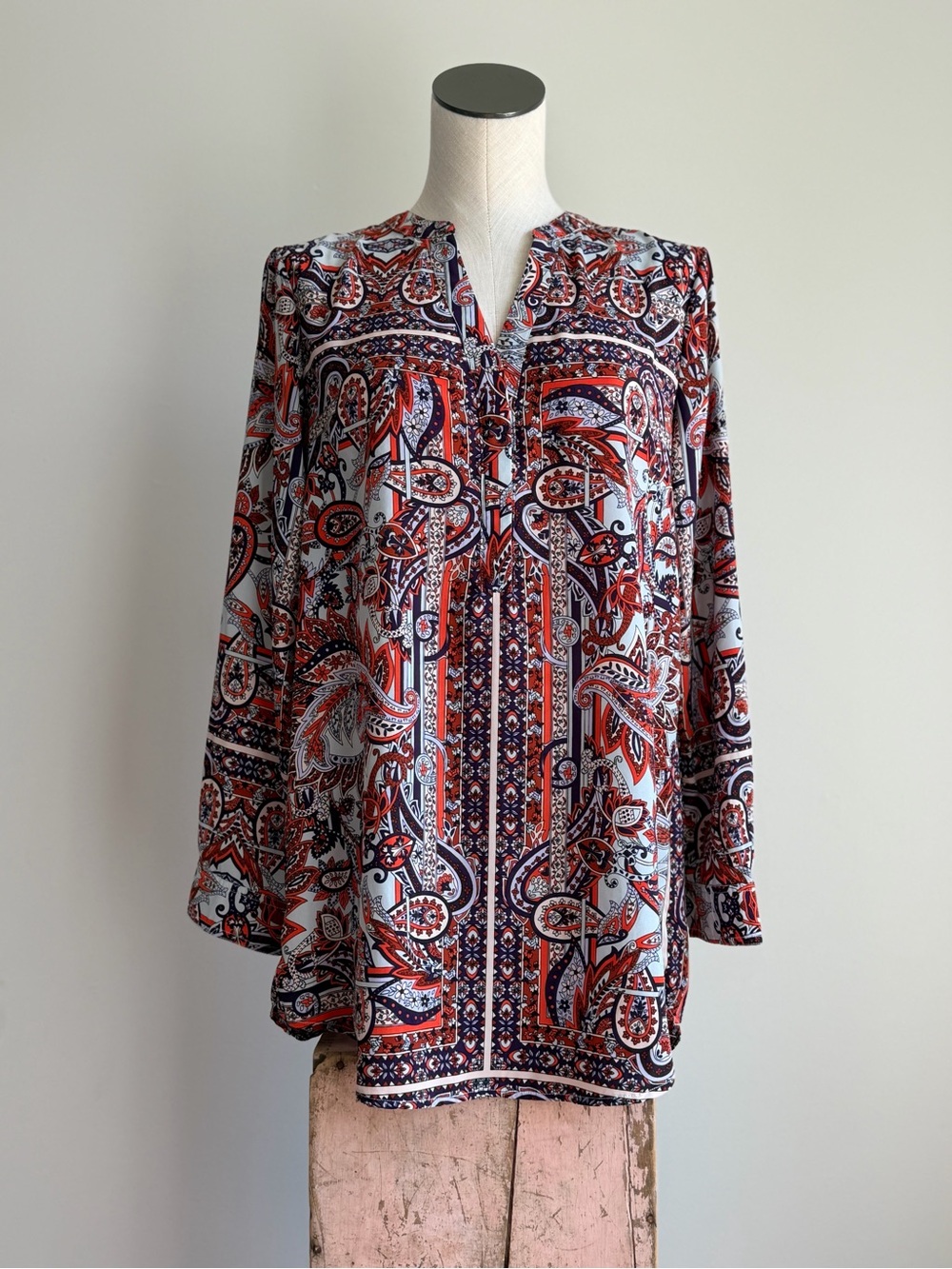 Gianni Bini Red and Navy Paisley Split-Neck Tunic